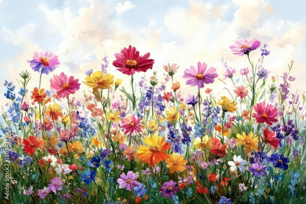Fototapeta premium Vibrant wildflower meadow of multicolored blossoms and tall stems beneath a soft cloudy sky, bright and joyful summer floral scene