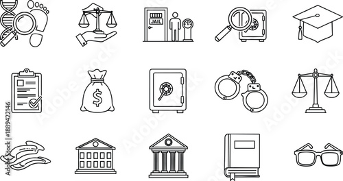 Set of 16 icons for law, justice, education, and finance including DNA, gavel, jail, graduation, and money symbols