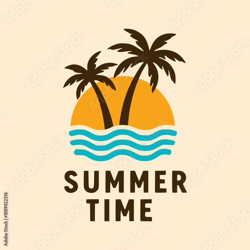 summer time beach palm tree sea logo t shirt flat color vector illustration template design