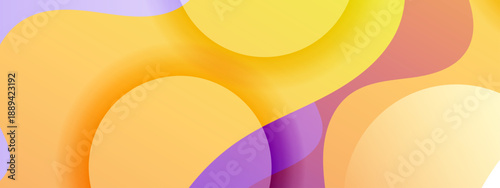 Bright yellow and orange geometric background with overlapping curved shapes and purple shadow details