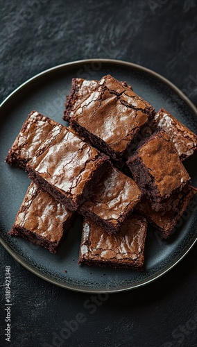 Stack of fudgy chocolate brownies with crackled glossy tops on a dark ceramic plate, rich and indulgent comfort dessert