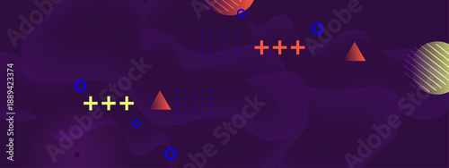 Professional deep purple fluid backdrop accented with warm orange and yellow geometric Memphis shapes