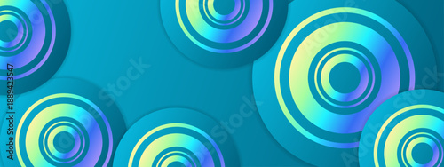 Vibrant cyan and teal geometric circles with holographic neon gradients across a wide panoramic layout