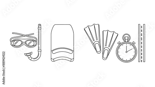 Set of swimming equipment for training and leisure.