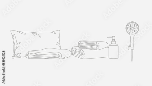 Line art of bathroom essentials like pillow, towels, soap dispenser, and shower head.