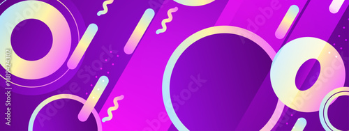 Stylish purple and magenta backdrop featuring colorful gradient rings and floating geometric elements
