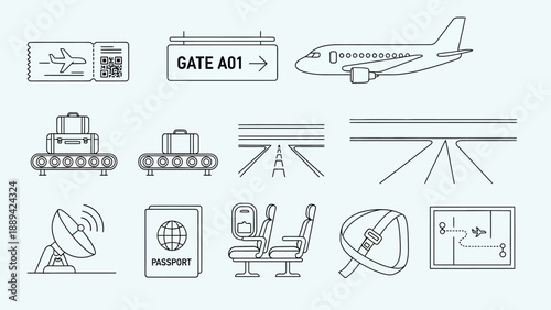 Minimalist set of airport and aviation thin line vector icons.