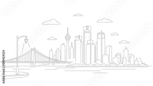 Minimalist city skyline outline with bridge and clouds