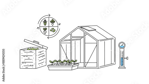 Greenhouse gardening and plant cultivation illustration