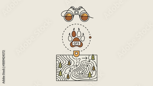 Illustration of tracking animal and exploring nature with binoculars and map.