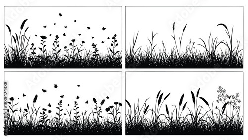 A minimalist quadriptych depicting black silhouettes of grasses wildflowers and flying birds
