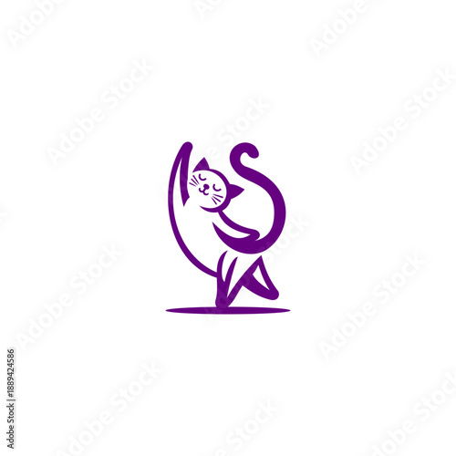 Playful cat yoga logo in minimalist flat vector style, balancing in graceful pose on white background