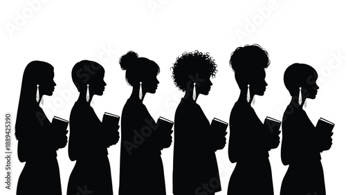 Silhouettes of six black women reading books in a row against a white background