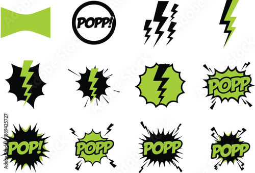Twelve green and black comicstyle graphic elements featuring lightning bolts and POPP text