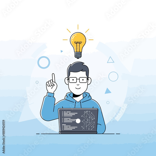 Programmer gets an idea, lightbulb above head, coding on laptop