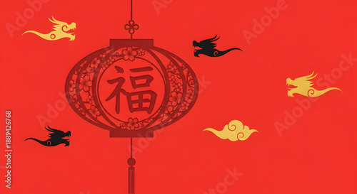 Vibrant red background with a traditional Chinese New Year lantern featuring the 'Fu' character, surrounded by stylized golden and black dragons and auspicious clouds, symbolizing good fortune.