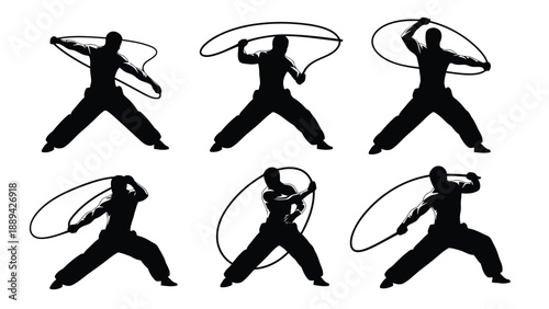 Silhouettes of people performing lasso tricks in a series of dynamic poses