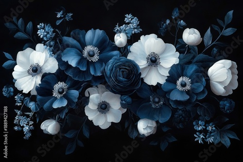 moody blue and white bouquet of anemone and rose blossoms with buds and dark foliage on a deep black background, elegant and dramatic