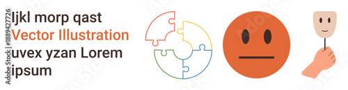 Emotional balance, identity , mental health, self-expression, problem-solving, and human behavior. Puzzle pieces, neutral face and hand with mask . Emotional balance and identity ation concept
