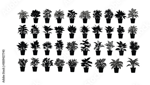 A collection of various potted plant silhouettes arranged in a grid pattern
