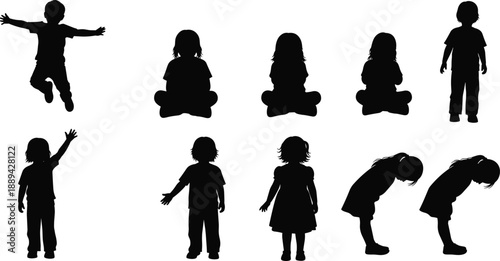 Children silhouettes set with jumping, standing, sitting and bending poses, kids body language collection, childhood activity concept, black vector illustration