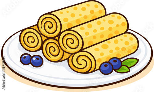 Cute kawaii blini pancakes rolled on a plate with berries. Traditional pancakes illustrated in flat cartoon style with thick outlines and bright cheerful colors.