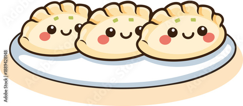 Cute kawaii gyoza dumplings arranged in a row on a plate. Smiling faces with rosy cheeks, simple flat cartoon style, thick outlines and soft warm colors. 