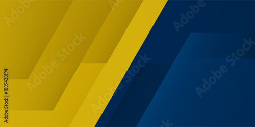 Abstract modern blue and yellow wide sporty background with geometric shapes. Dark blue and yellow abstract sports banner.