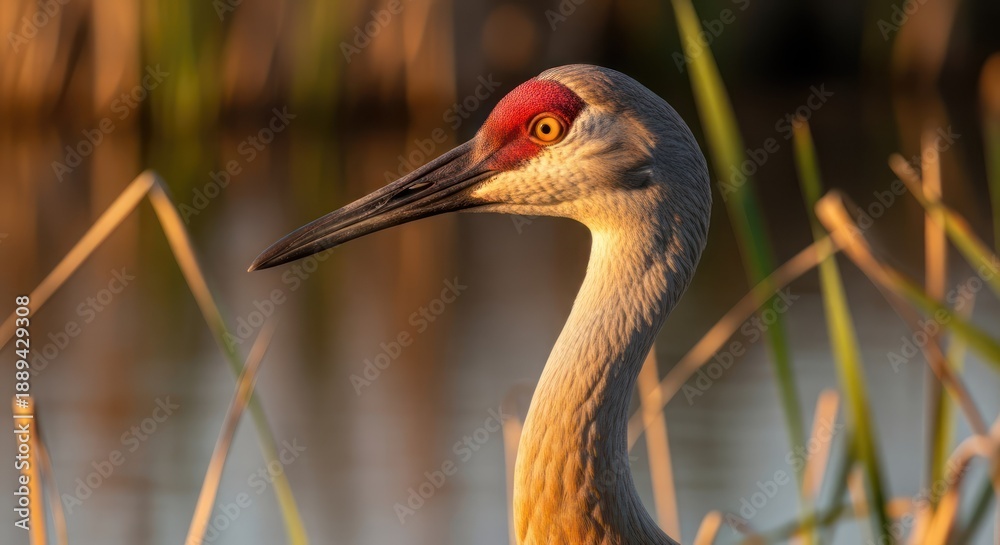 Fototapeta premium A close-up of a Sandhill Crane in a wetland during golden hour, showcasing its striking red crown and long neck.