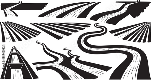 Black and white road illustration with abstract lines and shapes