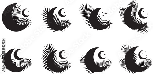 Black and white crescent moon with feather designs isolated