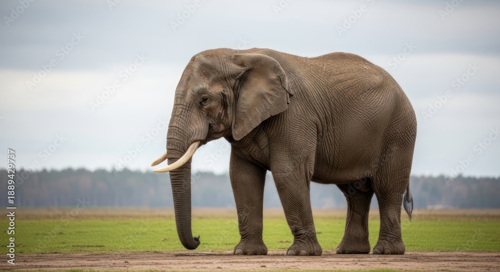 Obraz premium A solitary elephant standing in a grassy field with a forest in the background.