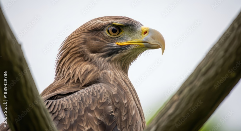 Obraz premium A close-up of a bird of prey perched on a branch, with a blurred background suggesting a natural habitat.