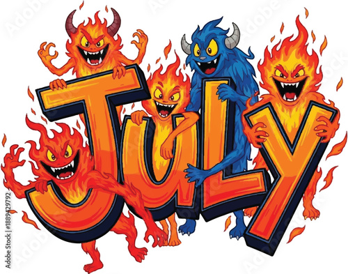 Fiery demons surround the word July in a vibrant, animated illustration