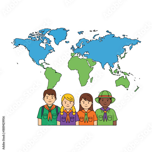 Illustration of diverse scouts standing in front of a colorful world map on World Scout Day with a vibrant and adventurous mood.