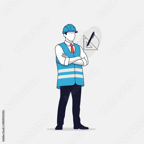 Construction engineer with blueprints and tools, professional, confident pose