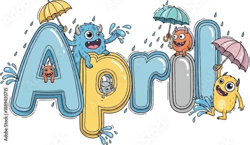 Cartoon characters playing with rain and umbrellas on a spring day in April