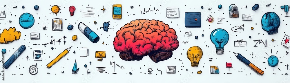Colorful chaotic illustration of a human brain surrounded by scattered scientific icons and objects symbolizing creativity and ideas