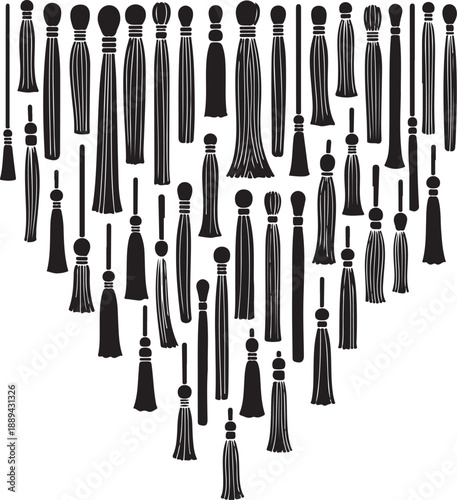 Collection of various black and white tassel designs and shapes