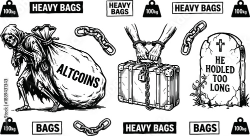 Cryptocurrency heavy bags and altcoins grim reaper vector illustration