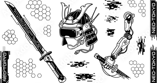 Cyberpunk samurai equipment with katana and bionic arm vector illustration