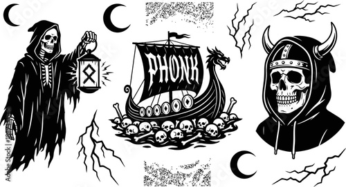 Dark phonk aesthetic skulls and viking ship vector illustration set