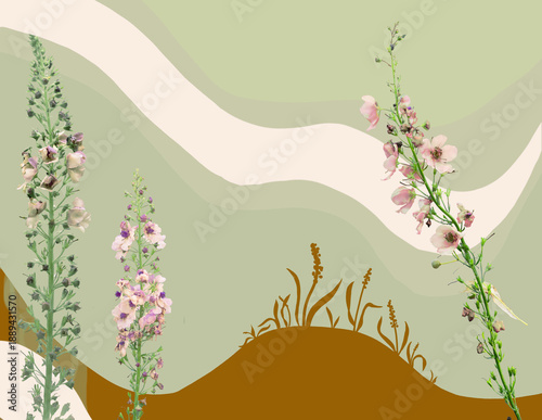 Nature backdrop, tall plants with light red flowers on an abstract minimalistic background in green white and brown, copy space
