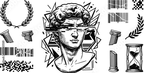 David statue head with glitch and classical elements vector illustration