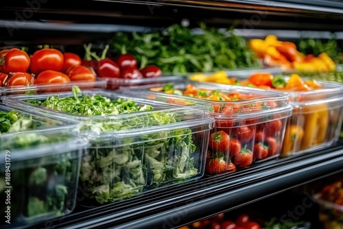 fresh colorful supermarket produce display with plastic clamshell containers of lettuce, strawberries, cherry tomatoes and bell peppers conveying appetizing vibrancy