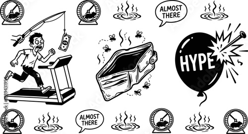 Financial struggle icons depicting rat race and debt vector illustration set