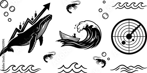 Financial whale and shrimp market icons vector set