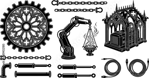 Gothic industrial machine elements and robotic arm vector illustration