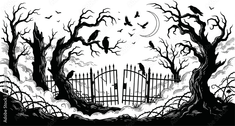 Naklejka premium Haunted graveyard entrance with crows and dead trees vector illustration