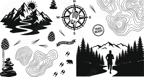 Hiking and outdoor adventure elements vector illustration